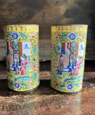 Pair of Chinese Cantonese enamel spill vases. C.1825