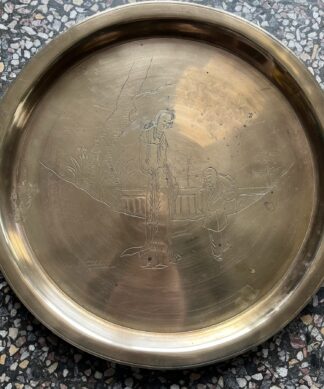 Chinese round brass tray, mother & child in a garden C. 1920