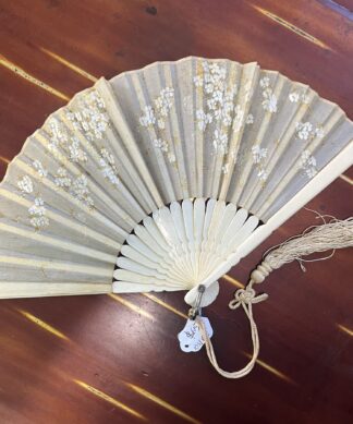 French silk fan, white with blossoms C.1900