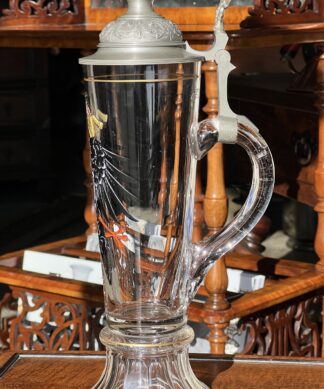 German glass stein, heraldic eagle, pewter lid, C.1910