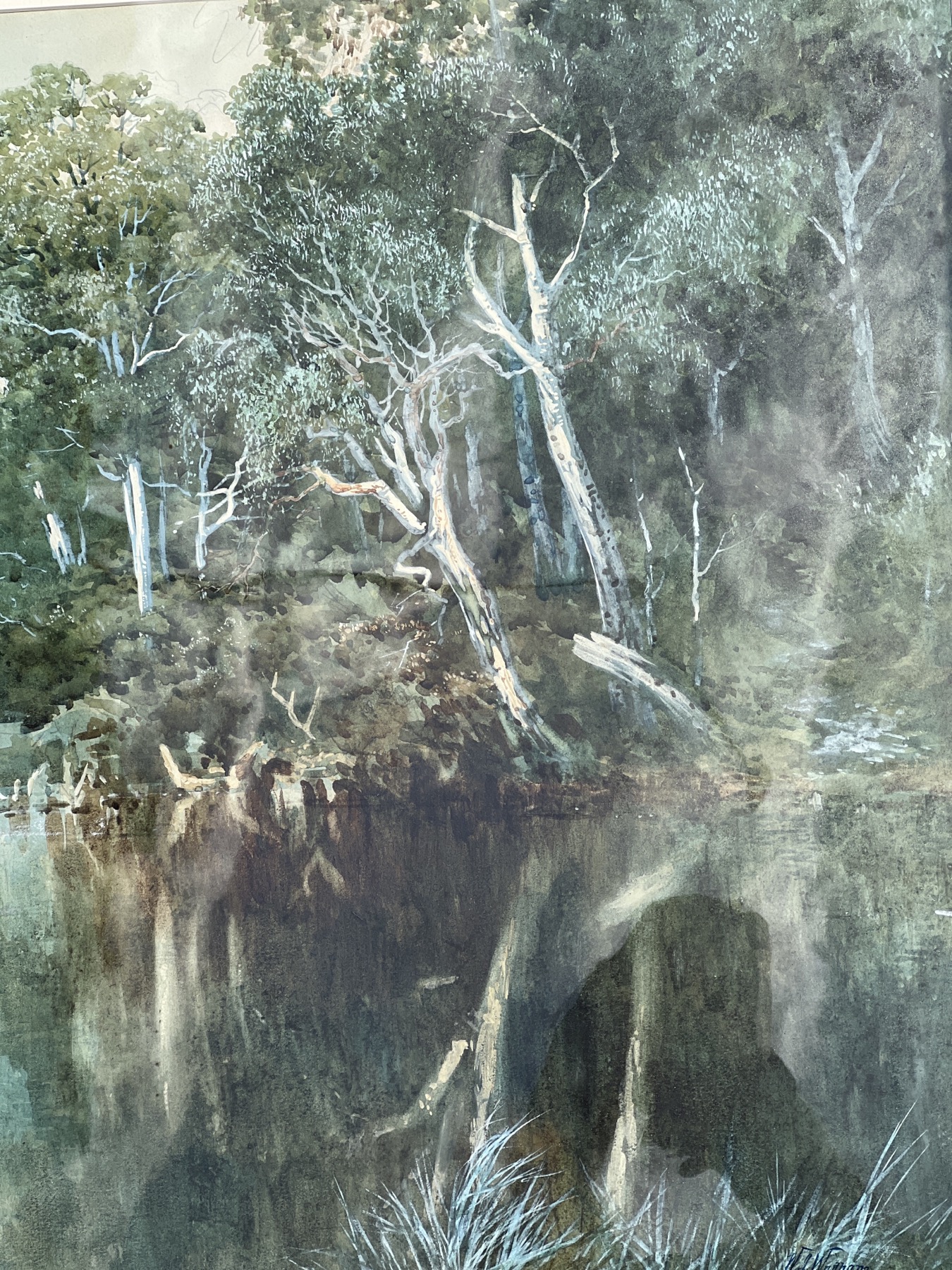 WJ Wadham, Australian River Landscape watercolour, 1880's