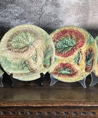 4 Begonia leaf majolica plates 19th C