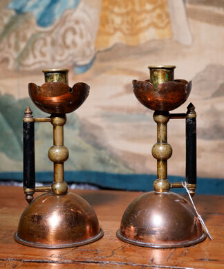 Pair of Christopher Dresser candlesticks, designed & made 1885, probably by Benham & Froud for the Art Furnishers' Alliance, London.