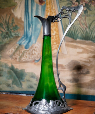 WMF Art Nouveau Claret Jug, green glass with plated pewter mounts C. 1900