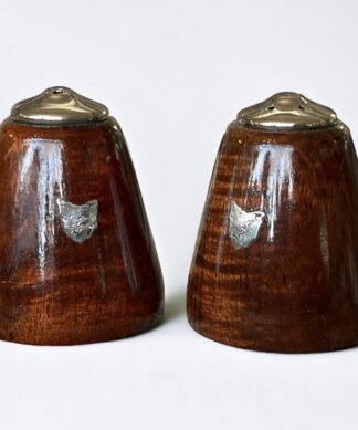 Australian Rose Mahogany & Sterling Silver souvenir salt + pepper,Tasmania c.1920