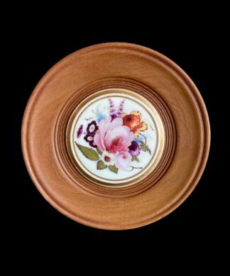 English porcelain box lid, flower painted, in NZ Rimu frame, c. 1825