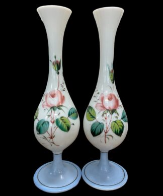 Pair of milk glass vases painted with roses, c. 1880