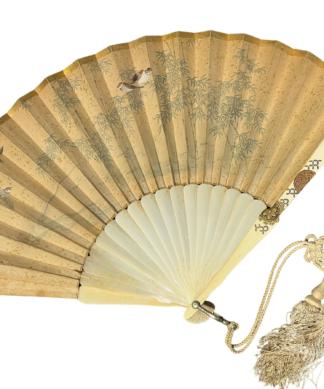 Large Japanese ogi fan, watercolour of sparrows, lotus blooms, carved & gilt mons to ivory ends, c. 1870