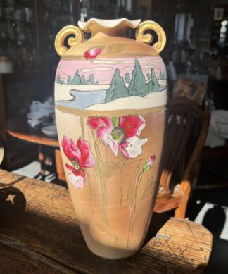 Austrian secessionist vase with poppies and landscape on blush ground, c.1910