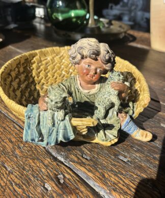 Basket & child with kittens,  Austrian majolica, Bruder Urbach c. 1890