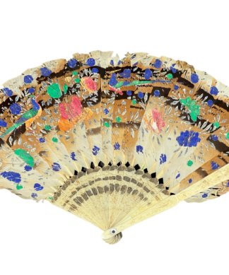 Chinese Export feather fan, unusual brown & black, painted with birds & flowers, carved bone ends, c. 1850