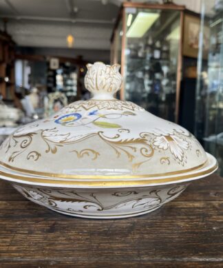 Bloor Derby covered dish, with large floral specimens surrounded by grey and gilt scroll border, circa 1835