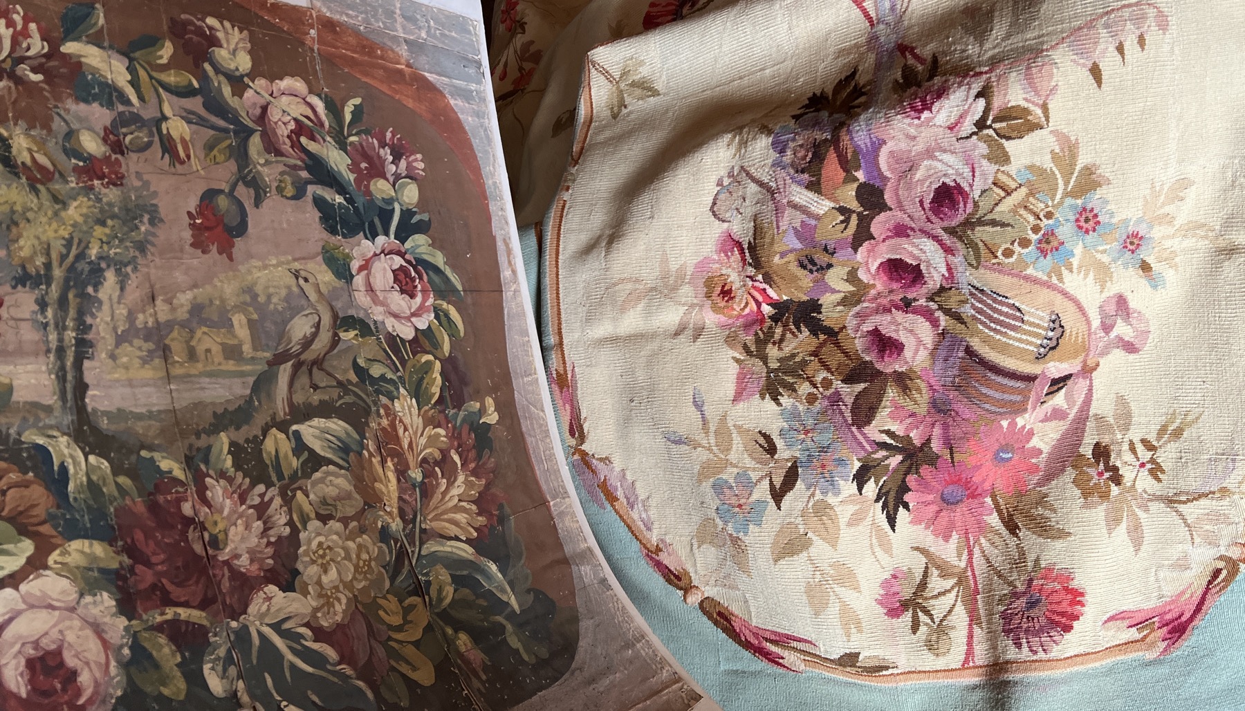 Aubusson Tapestry, France: left is a 'cartoon' design, 19th century, right is a woven chair seat of the same period, unused.