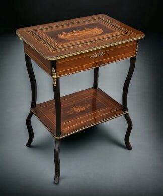 French work table, inlaid marquetry landscape to top, c. 1875