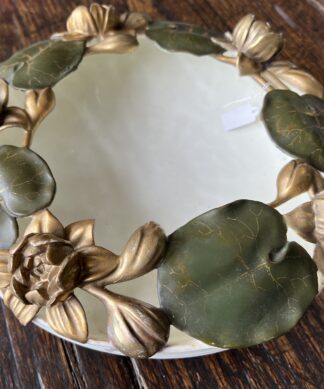 Victorian 'float bowl', basketweave + life-like waterlillies, atr.  Moore Bros c. 1885