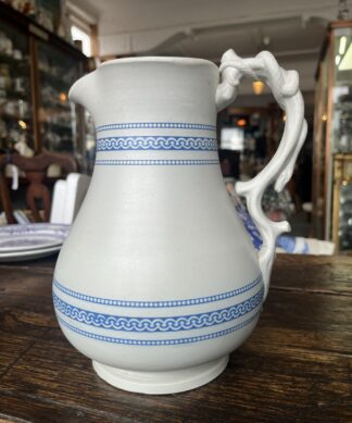 Dudson drybody jug with blue printed bands and a moudled snake handle