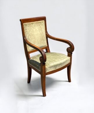 French Mahogany open armchair with scroll arms, rosettes, c. 1870