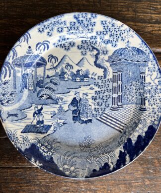 Early pearlware dish, underglaze blue 'Chinese Raft' pattern c.1800