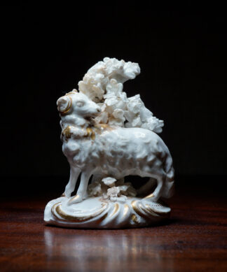 Derby porcelain sheep + bocage, gilt details, c. 1800