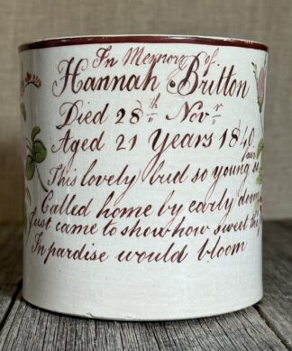 Staffordshire Pottery memorial mug, Hannah Button aged 21, 1840