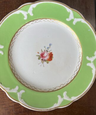 Derby plate, apple green with c-scroll moulding & flowers, c. 1835