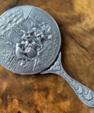 Danish Silver small hand mirror, high relief village scene, C. 1920