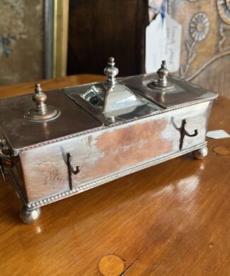 French close-plated desk inkwell, original pots, lions-head handles, c. 1825