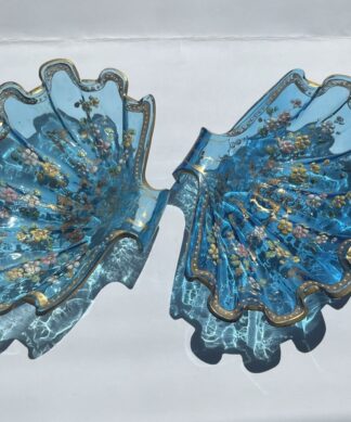 Blue glass shell dishes with Moser style decoration, c.1880