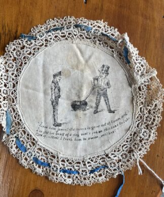 Victorian penwork on silk, cartoon of two boys + "beast of a dog wot's fed on chickens", c. 1890