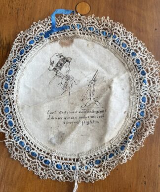 Victorian penwork on silk, humreous 'Liar! What a most abominable glass!' c. 1890