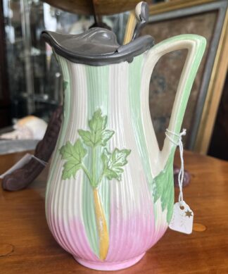 English Pottery 'Celery' jug, pink/green with pewter lid, reg. 1873