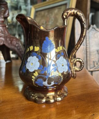 Victorian copper lustre jug, snake handle + flower enamels, c.1850