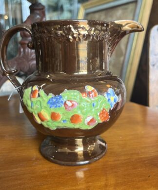 Copper lustre jug, moulded +  painted birds, fruit & flowers, c. 1830