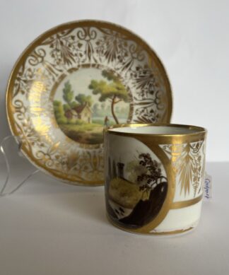 Coalport coffee can + saucer, scenes by Baxter, c. 1814