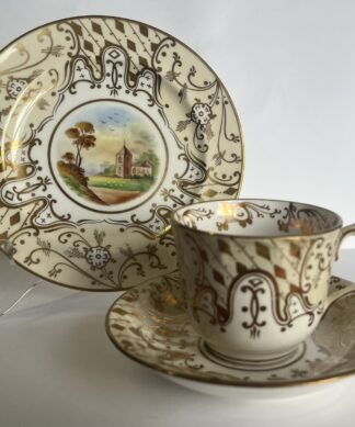 Bowers cup, saucer + plate, country scenes , Dated 1848