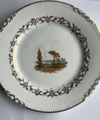 Rockingham plate, pattern 558 - scenic, with ornate gold border & 'shark tooth' rim, c.1826-30