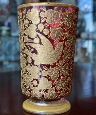 Moser Ruby Glass beaker, raised gold bird + berry pattern, c.1880