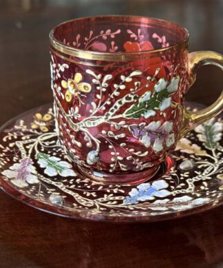 Moser ruby glass  cup + saucer, raised enamelled acorns & bees, c. 1885