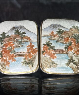 Satsuma belt buckles, scenic panels, c. 1895