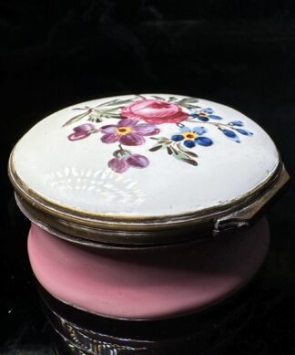 English enamel box, pink base with flowers to top, c.1760