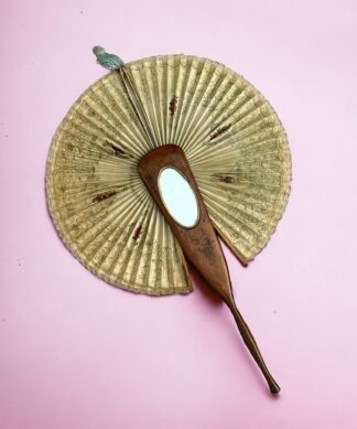 Unusual Victorian fan with olive wood case & mirror, slide-out concertina round face, swallow painted, c. 1880