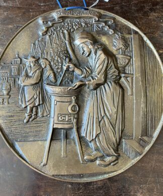 Bronze plaque, relief scene 'De Apocheker', after 17th c original by Jan Luyken, earlier 20th c.