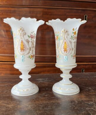 Pair of Victorian opaque white glass vases, scroll enamelwork, c. 1875