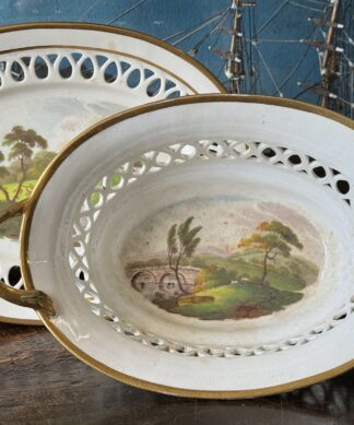 Early Ridgway pierced basket & stand, Romantic Landscape pat. 502, c. 1825