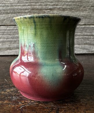 Remued pottery vase, green red & blue glaze, c. 1920