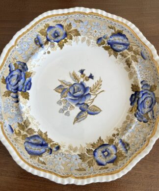 Spode pottery 'New Fayence' plate, Union Pattern -blue roses on brown, c. 1845