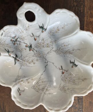 Japanese porcelain scalloped rim serving dish, swallows+ blossom, c. 1900