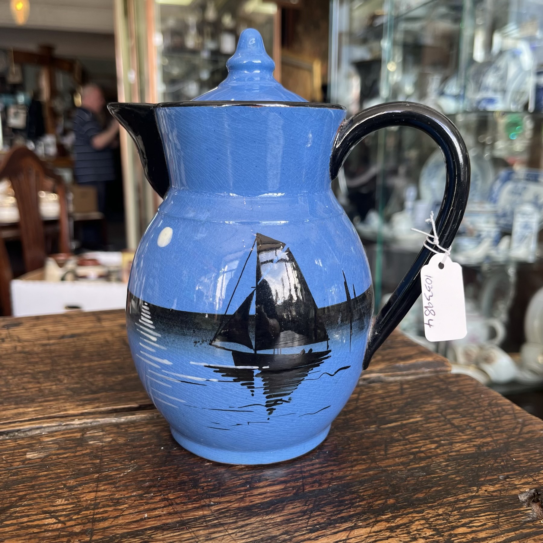 Torquay Barton Pottery jug & lid, blue-ground fishing boats, c. 1925