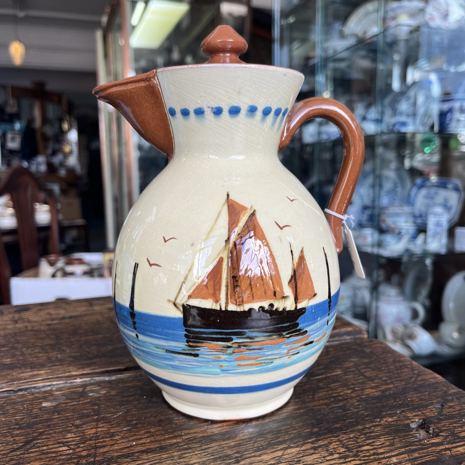 Torquay Watcombe Pottery jug, sail boats, Kingsley quote, c. 1920's