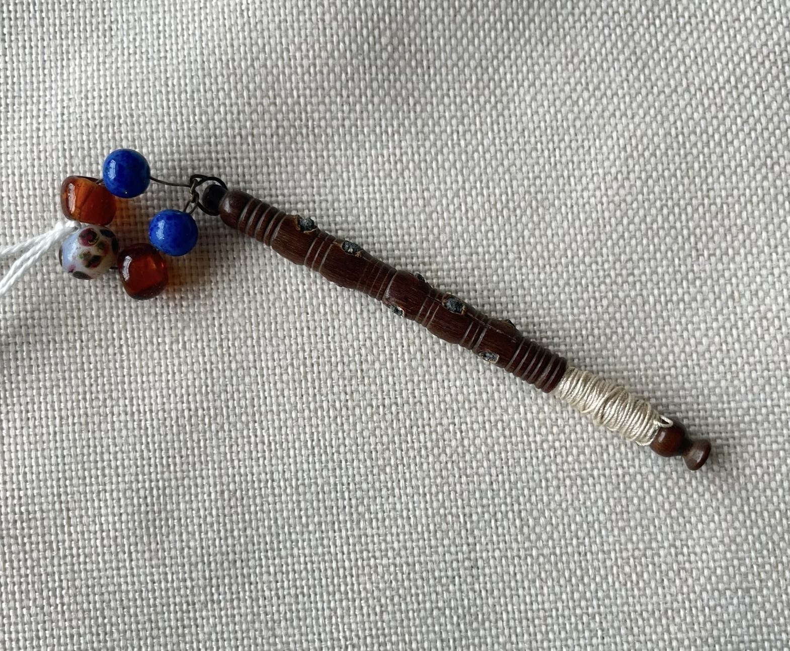 Late Victorian turned wood lace bobbin with hand blown beads,C. 1900